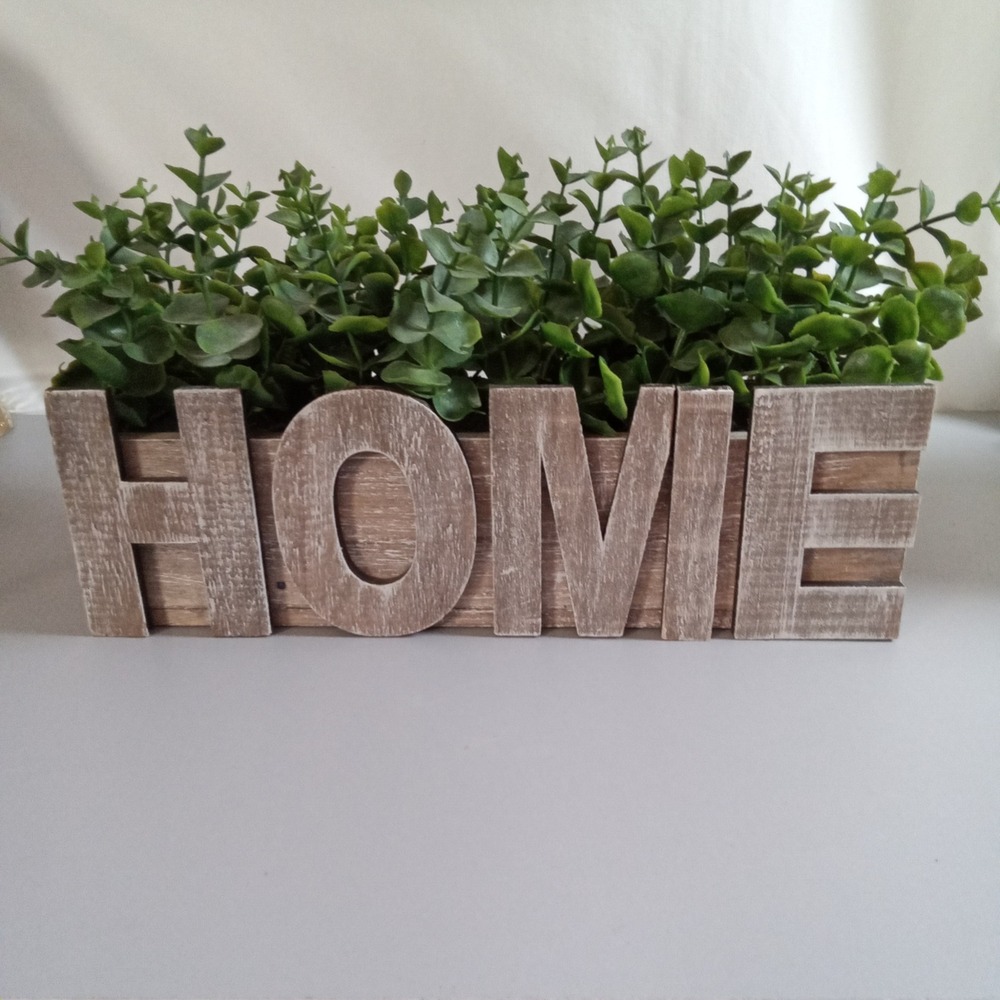 Rustic Wood HOME Planter Box with Artificial Greenery Distressed Brown 11.5in